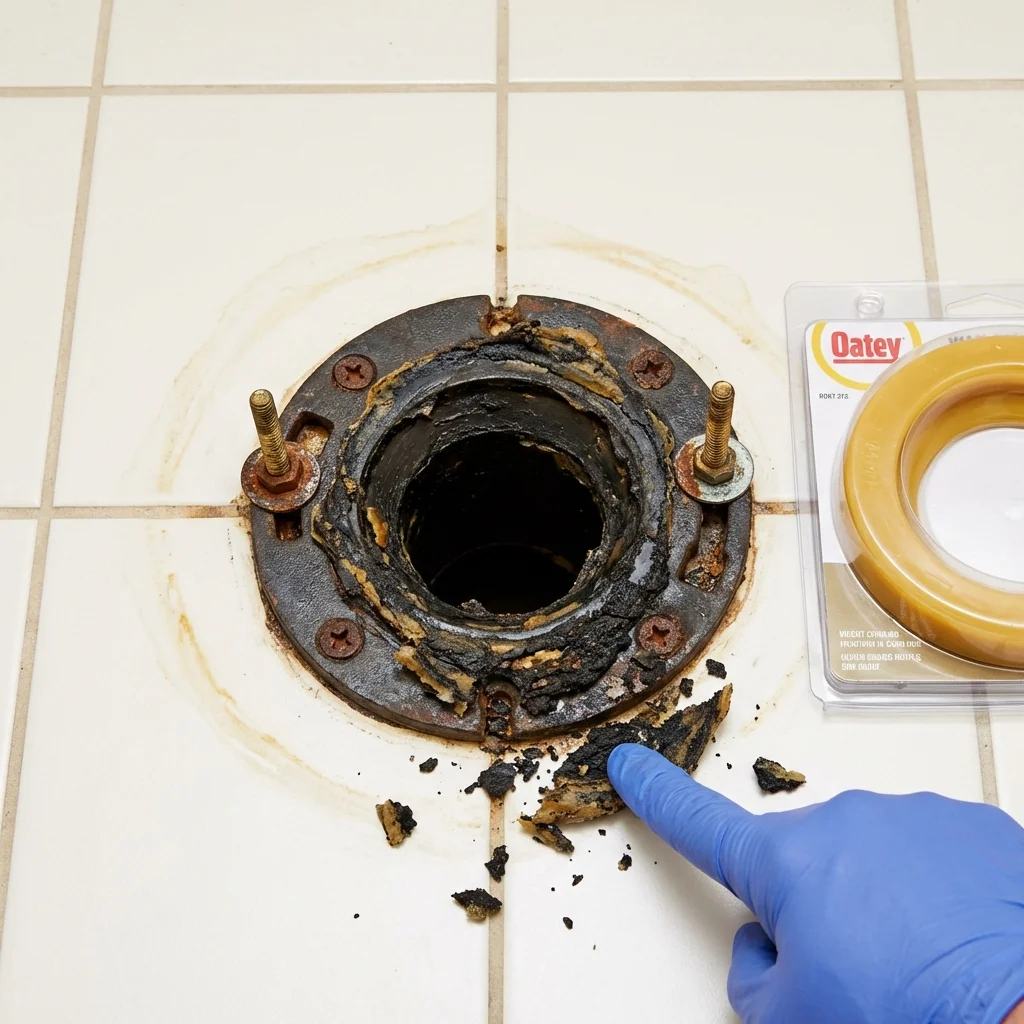 Failed wax ring showing water seepage at the base of a toilet in a Hillsdale, MI home