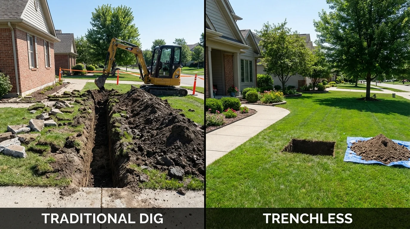 Trenchless sewer repair with minimal yard damage versus traditional excavation in Hillsdale, MI
