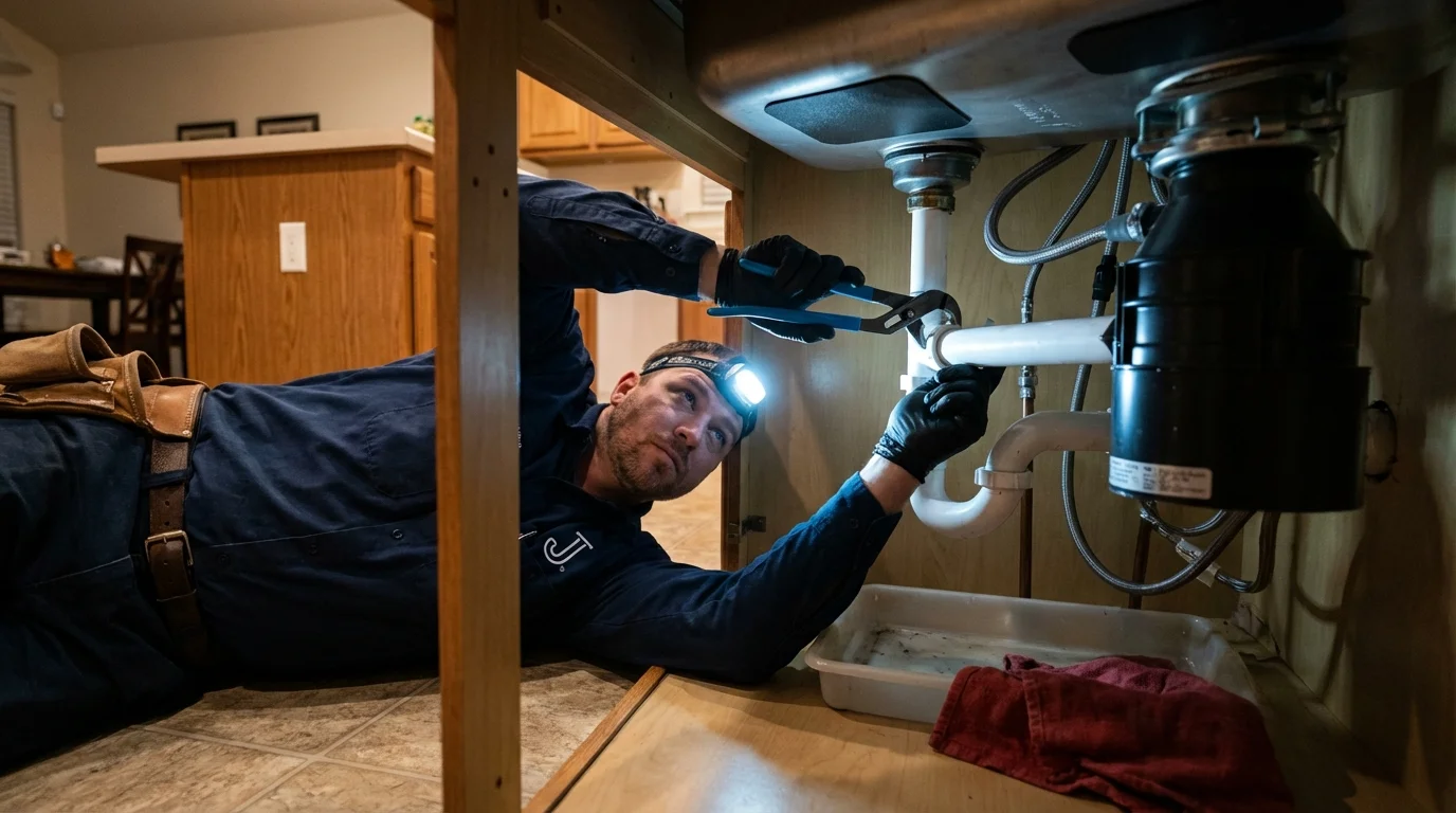 P-trap and supply line connections under a kitchen sink showing a common leak point in Hillsdale, MI